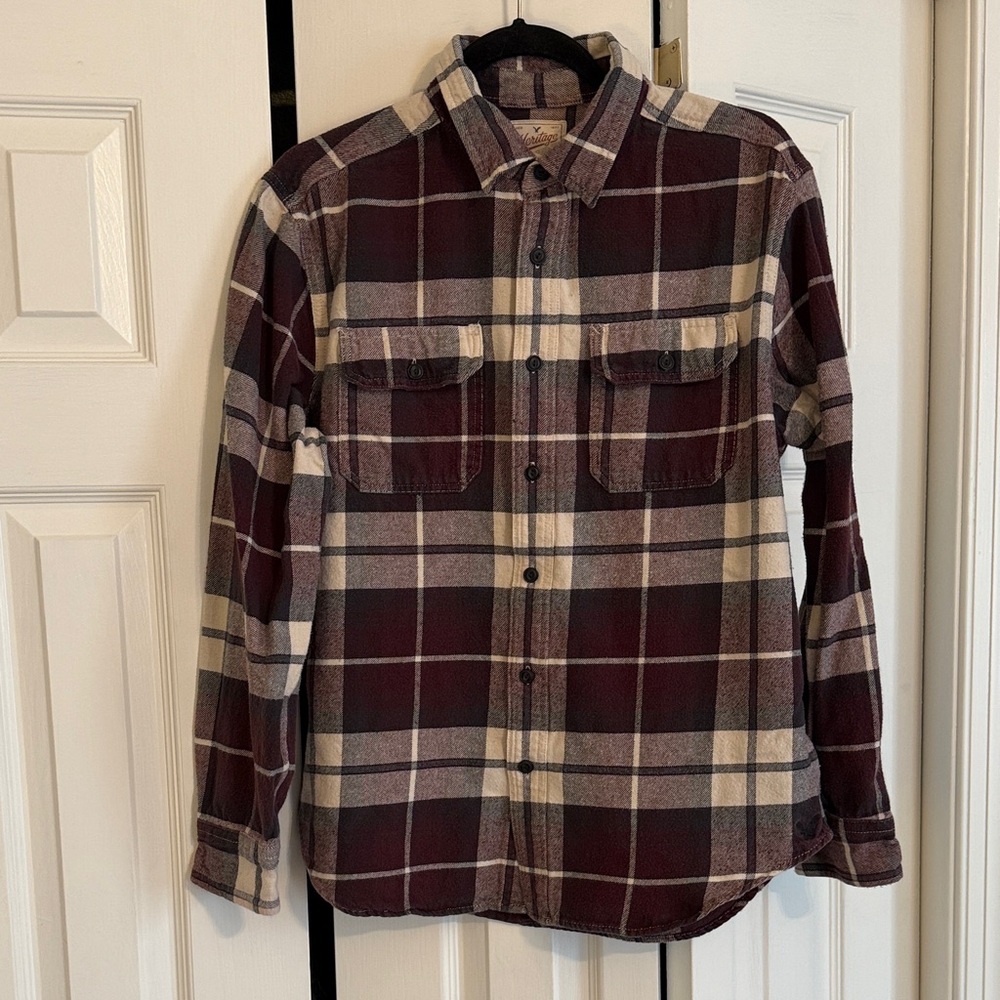 American Eagle Outfitters Maroon and Beige Plaid Flannel Button Down Shirt